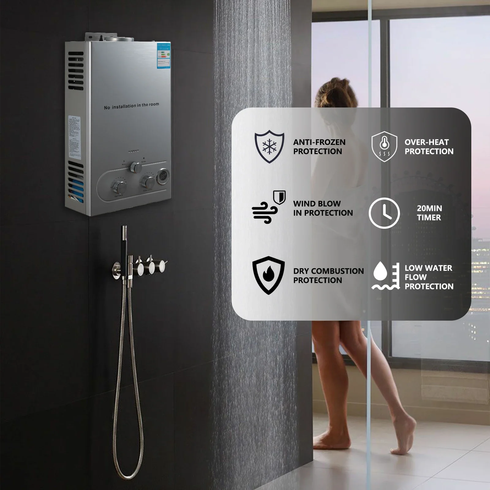 Calentador de agua LPG de 10/16/20L, calentador de agua de Gas de petróleo licuado de propano, Kit de caldera de acero inoxidable para exteriores, hogar y Camping - imagen 4