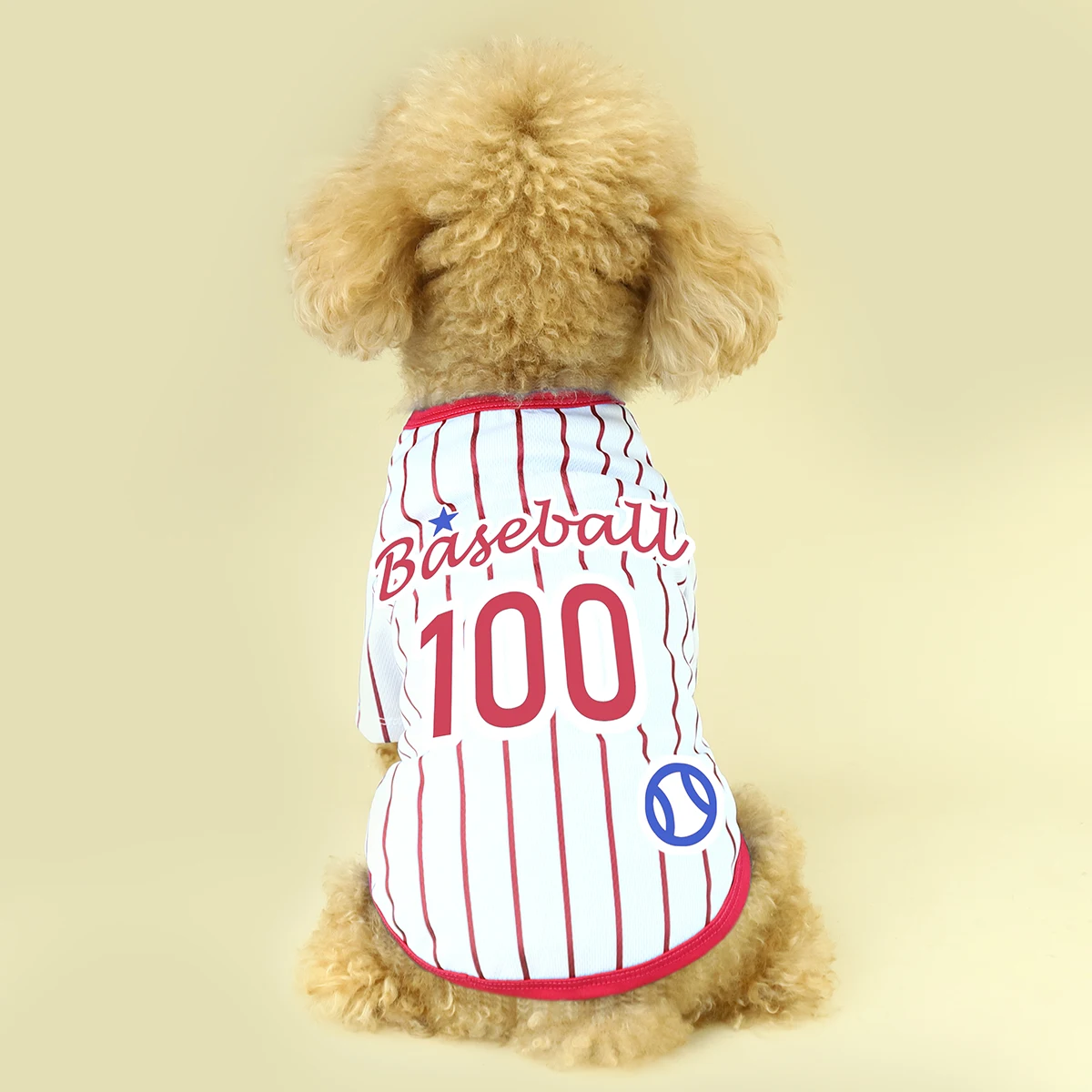 Presentamos nuestra camiseta atlética para perros a rayas, a medida para razas grandes, medianas y pequeñas. La espalda muestra 'Baseball 100' te - imagen 5