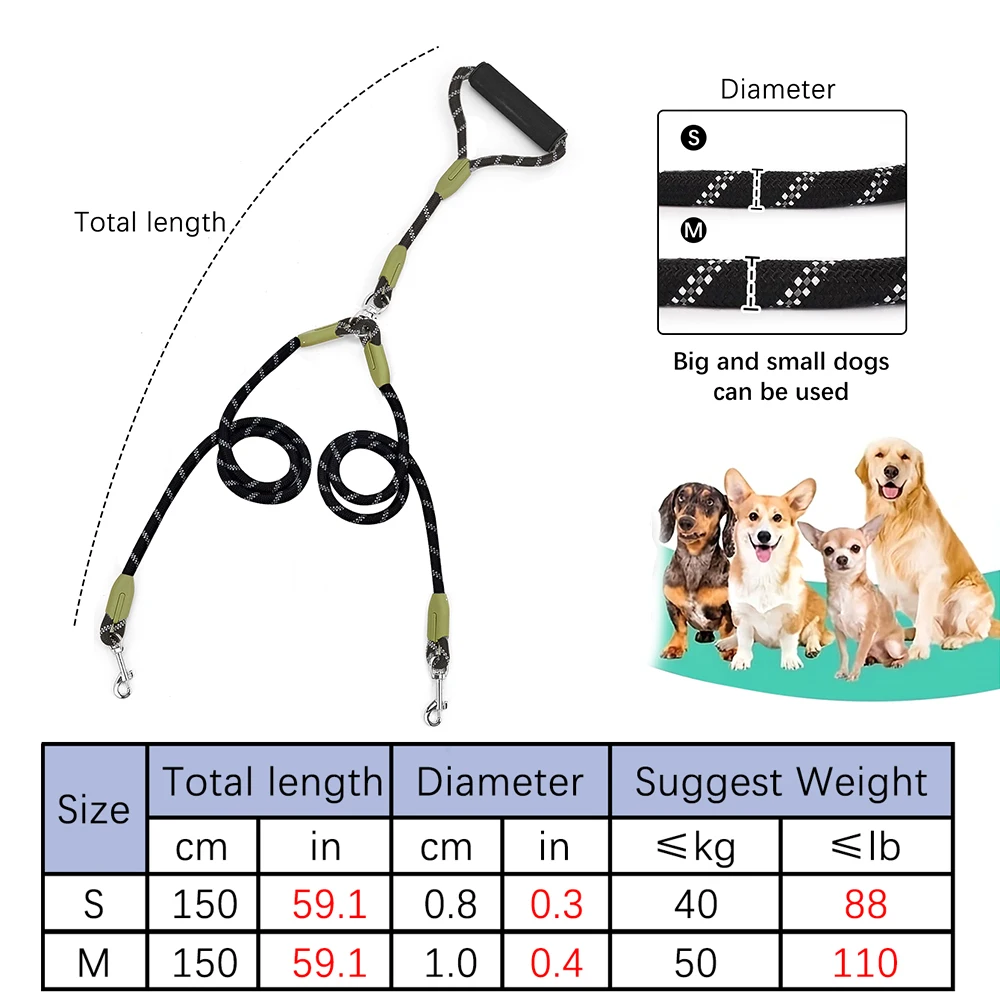 Correas reflectantes de nailon para mascotas, cuerda de tracción sin enredos para 2 perros, correas de doble cabezal para perros, entrenamiento para caminar y correr, 1 ud. - imagen 3