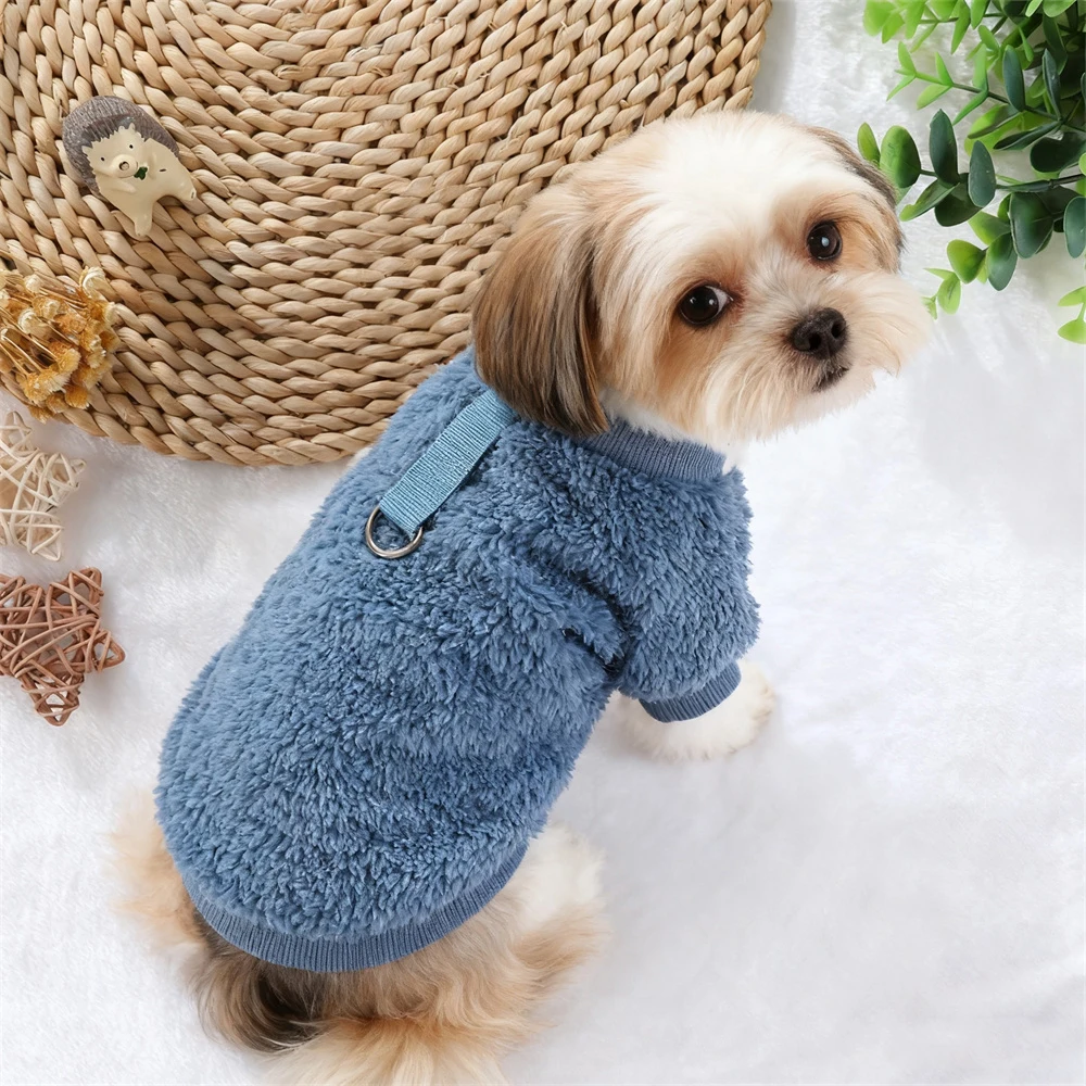 Sudadera de felpa de Color puro para mascotas, tela suave para otoño e invierno, ajuste cómodo para perros pequeños y gatos sin gorra, anillo de tracción - imagen 5