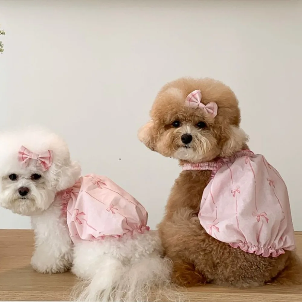 Camisola de primavera para mascotas, chaleco con estampado de lazo, camisola fina, vestido de burbuja con diadema, lazo incluido, vestido para cachorro y perro - imagen 4