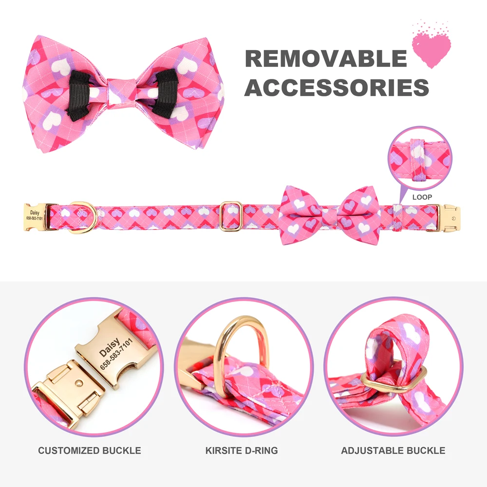 Collar de identificación de perro con pajarita, collares de nailon personalizados para perros con lazo, collar de corazón de abeja y flor grabada gratis para perros pequeños y medianos - imagen 4