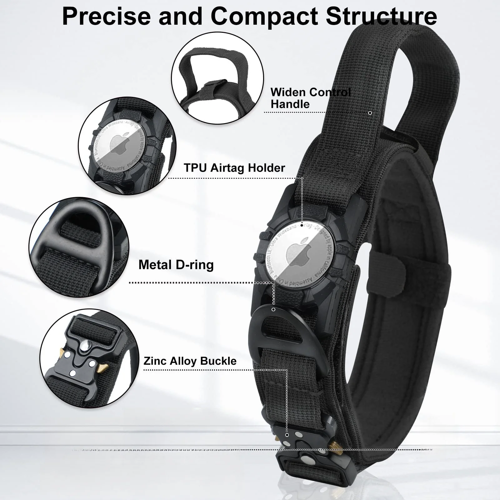 Collar táctico para perros AirTag, con soporte AirTag y mango, hebilla de metal para perros militares, Collar GPS ajustable para perros medianos y grandes - imagen 3