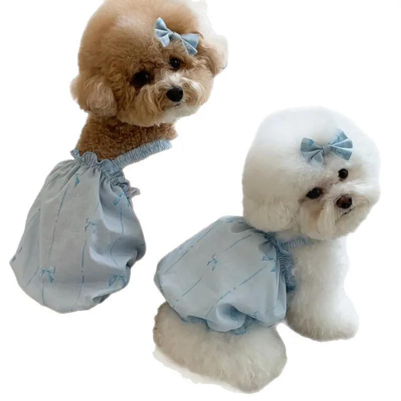 Falda de calabaza con lazo azul para mascotas, chaleco con tirantes de princesa y flores, ropa para perros pequeños y gatos, falda fina de verano para perros y gatos - imagen 5