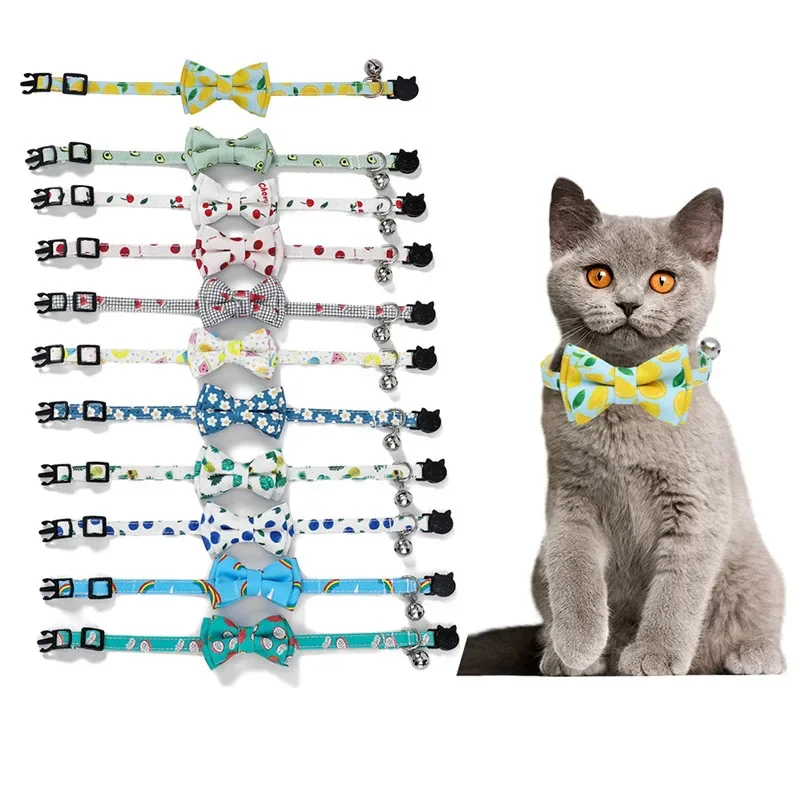 Collar de gato de dibujos animados, productos para mascotas, hebilla de seguridad con lazo estampado con campana, pajarita ajustable para gatos, accesorios para cachorros y mascotas - imagen 2