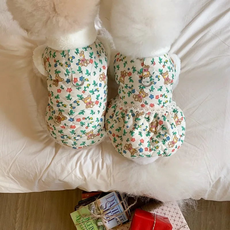Vestido Floral cálido para mascotas, ropa para mascotas de oso pequeño, abrigo de algodón grueso para perros de invierno, vestido cálido de peluche, trajes a juego para parejas maltesas - imagen 3