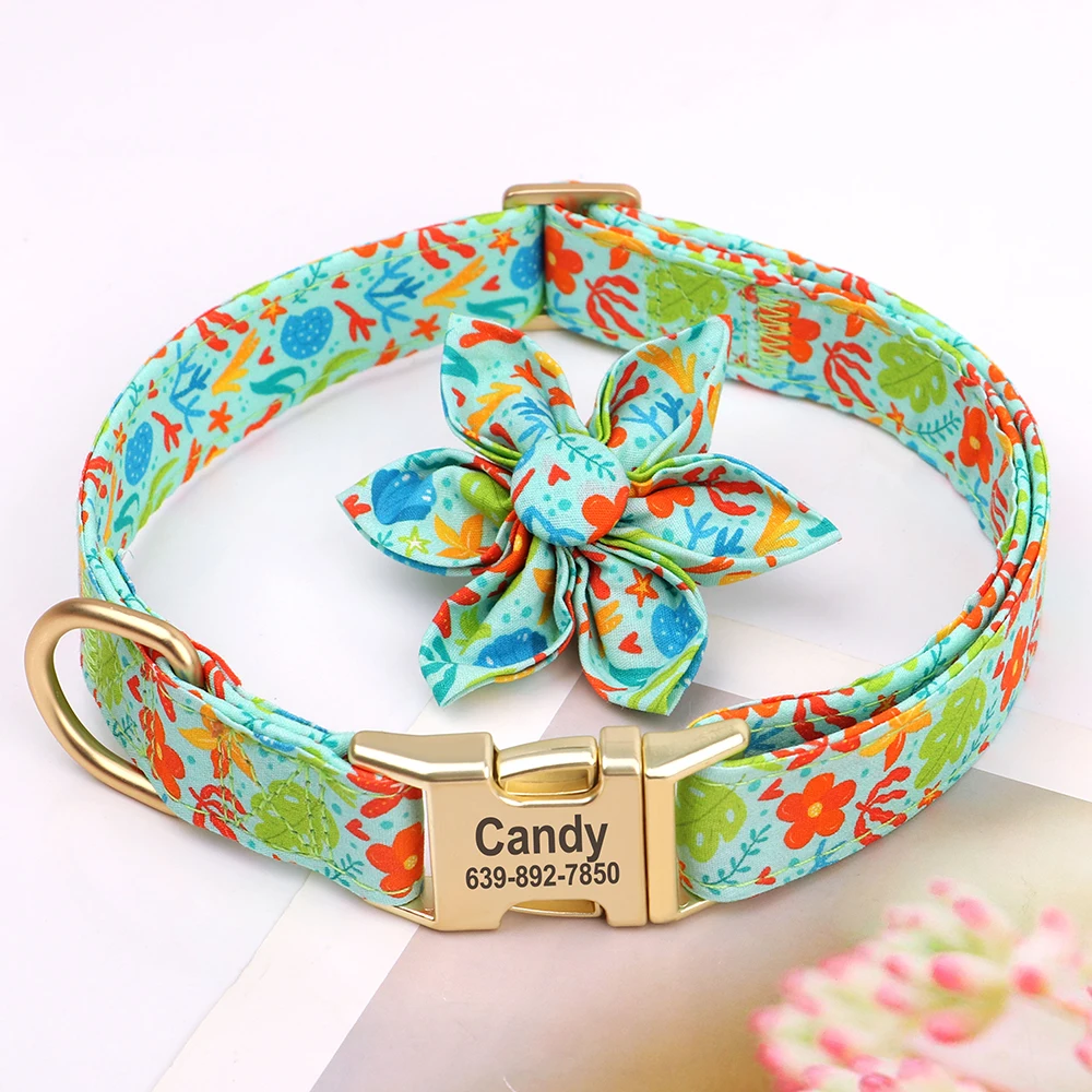 Collar personalizado con hebilla para perro, Collar con estampado de nailon para identificación de mascotas, grabado gratis, accesorio de flores para perros pequeños y grandes - imagen 4
