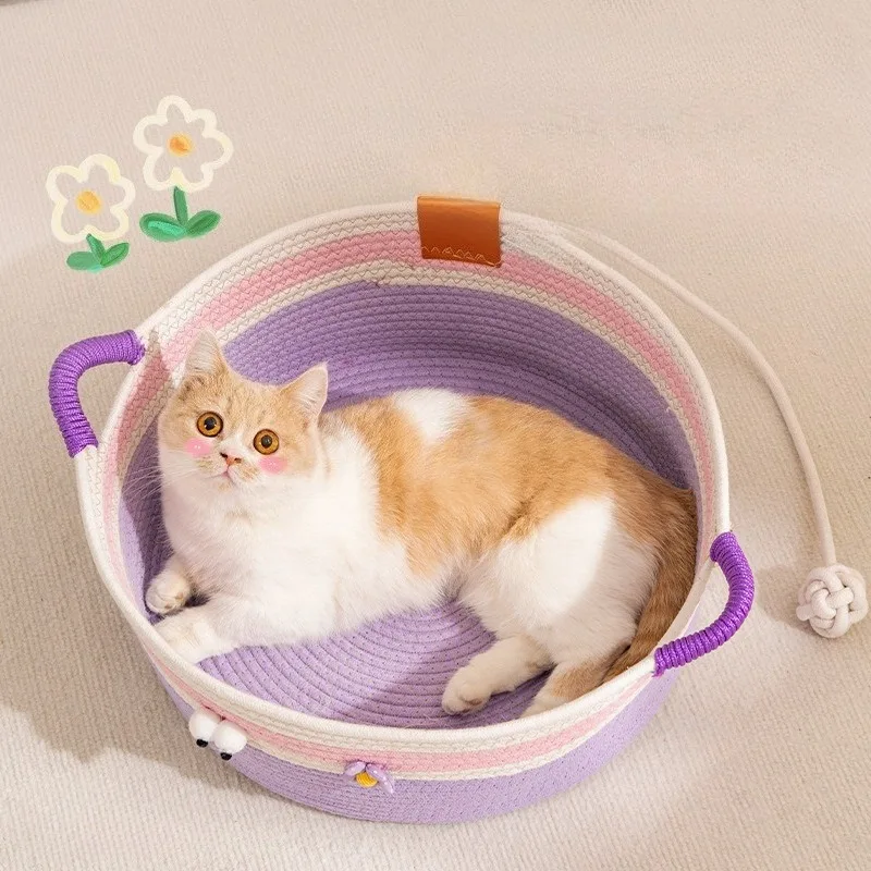 Nido para gatos tejido de cuerda de algodón con esteras refrescantes, cama para dormir para cachorros y gatitos, casa para perros transpirable, suave y cómoda, color morado