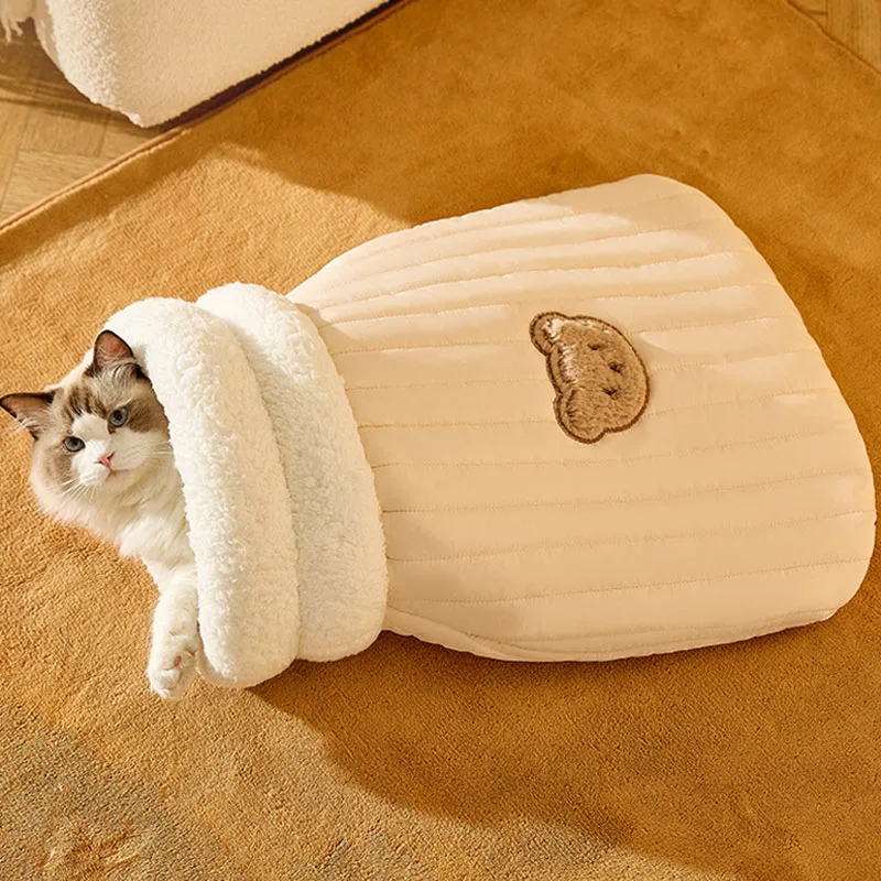 Saco de dormir nido para gatos de invierno, Agujero de taladro, totalmente envuelto, seguridad cálida, nido para gatitos medio cerrado, saco de dormir para mascotas, casa de cama para perros - imagen 4