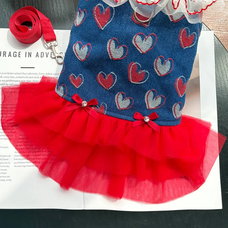Vestido primavera para perro pequeño Chihuahua mezclilla tul rojo - imagen 5