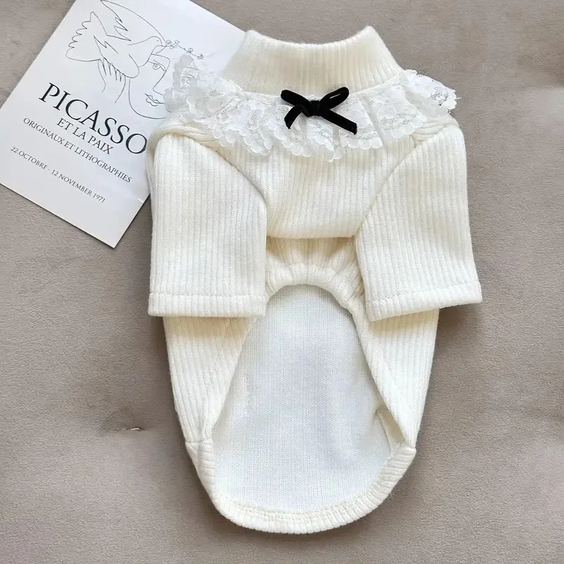 Ropa de invierno de encaje para mascotas, camisa con Base Floral de cuello alto, ropa de casa para perros, camisa Base para perros y gatos pequeños y medianos, ropa para cachorros - imagen 4