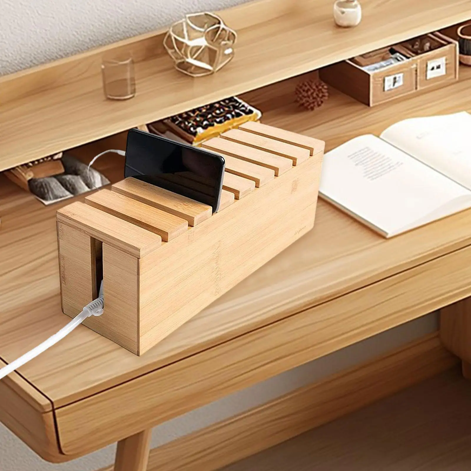 Wood Cable Management Box Phone Charger Accessories with Lid Art Crafts Wires Power Strip Box Desk Modern Home Cable Hider Box