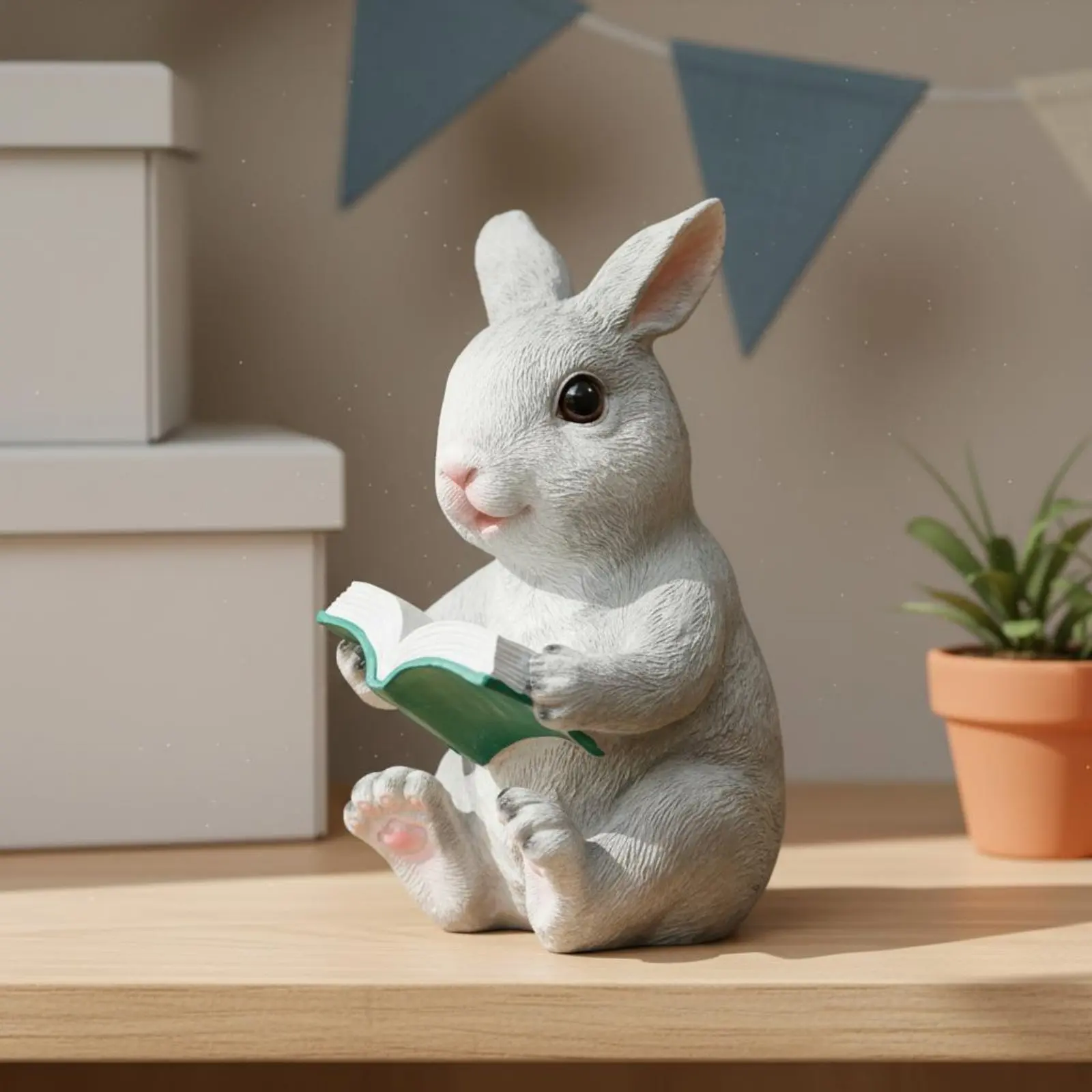 Estatua de conejo leyendo para jardín – Resina pintada a mano