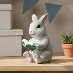 Estatua de conejo leyendo para jardín – Resina pintada a mano