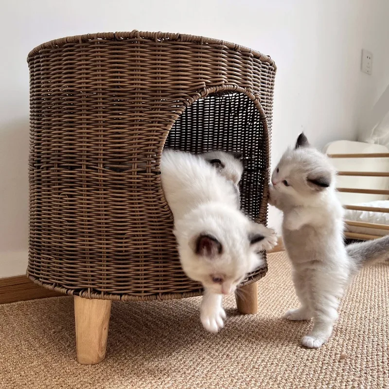 Cama para gatos tejida a mano, cama para gatos semicerrada de imitación de vid tejida, transpirable para todas las estaciones, camas para gatos suaves y ecológicas, nido para mascotas - imagen 2