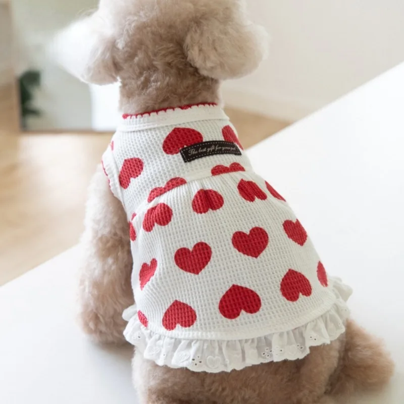 Moda invierno amor Waffle camiseta sin mangas falda vestido para perros ropa para perros en casa Teddy Bichons ropa para cachorros lindos vestidos para perros pequeños - imagen 5