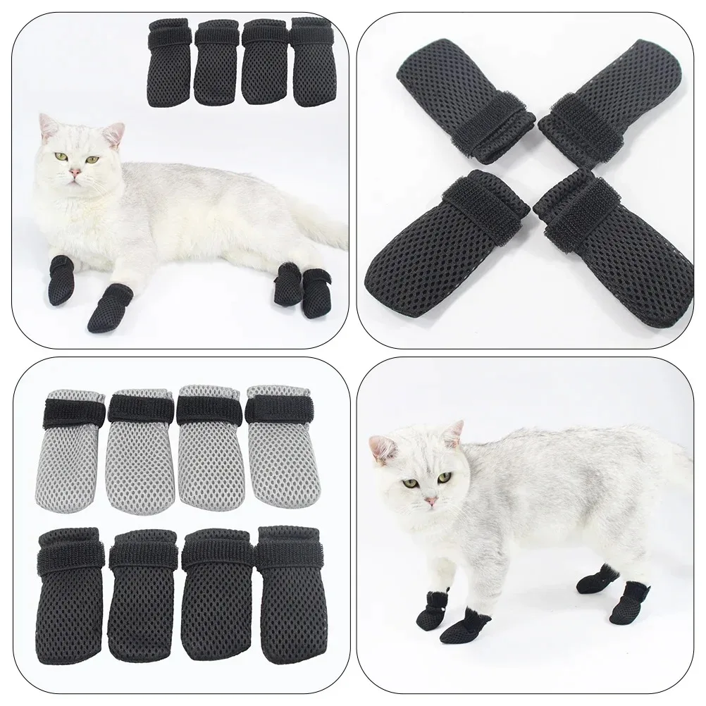 4 Uds. Gorro de garra para mascotas, Protector de pies de recuperación, malla transpirable, cubierta para pies de mascotas, gorros antiarañazos para patas, calcetines para gatos, Protector para después de la cirugía - imagen 3