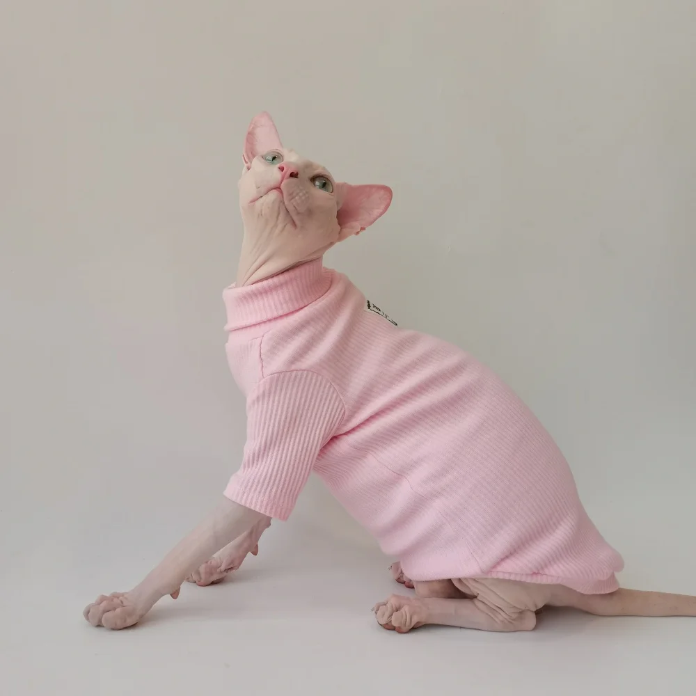 Camiseta de algodón con cuello alto para Sphynx en otoño, pijamas grises suaves de manga larga para gato, abrigo amarillo rosa para gatitos en invierno - imagen 4