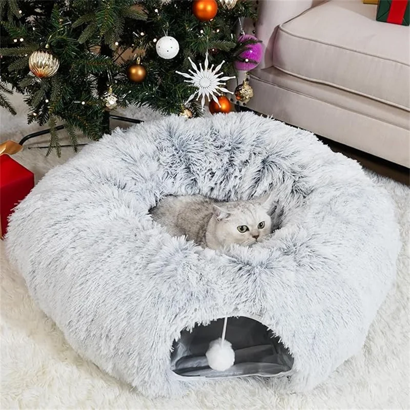 Túneles para gatos de interior, cama de túnel para gatos con cojín lavable, falda de árbol de Navidad de túnel para gatos, túnel de donuts plegable