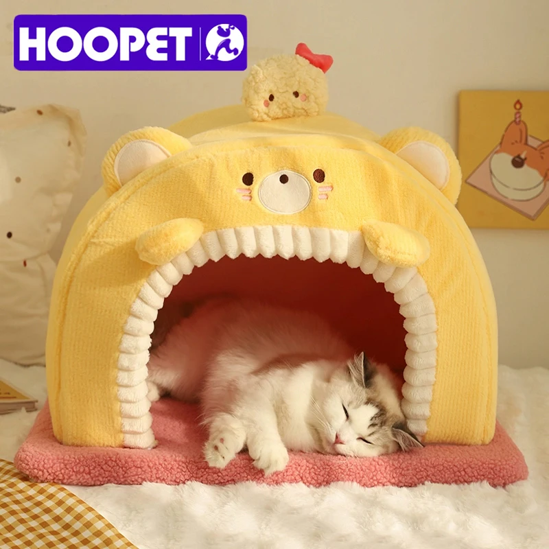HOOPET Cama para gatos cerrada, casa de seguridad calmante de felpa cálida para invierno con cojín grueso para gatos y gatitos de interior