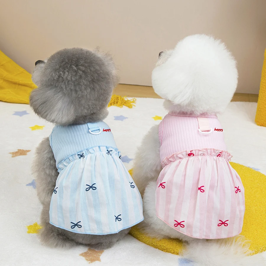 Lindo vestido de verano para cachorros, falda a rayas rosa y azul con lazo estampado, traje transpirable para perros y niñas con hebilla en D para paseos al aire libre - imagen 5