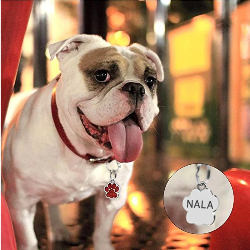 Etiquetas personalizadas para perros y gatos, grabado gratis, pata de cachorro, colgante de nombre de identificación brillante, llavero de Metal, placa de identificación antipérdida, accesorios para mascotas - imagen 4