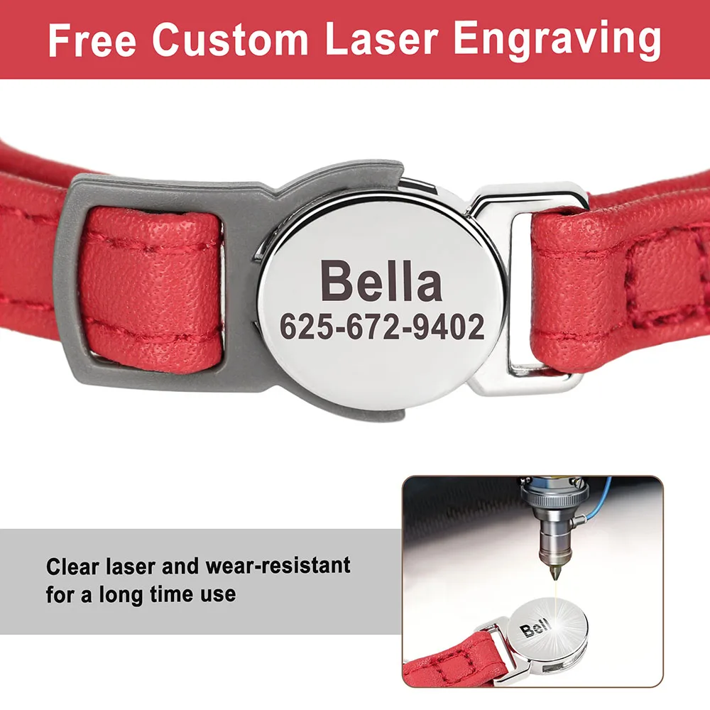 Collar de gato personalizado de cuero PU con placa de identificación grabada gratis, collares antipérdida para mascotas - imagen 3