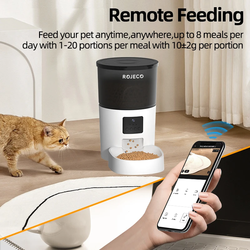 ROJECO-comedero automático para mascotas, 3L, con dispensador de comida inteligente para gatos Carmen, alimentadores recargables con WIFI para gatos, alimentación remota