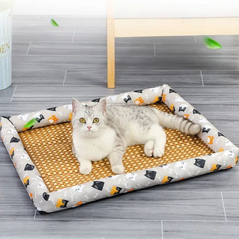 Esteras para dormir de verano para mascotas, nido refrescante para gatos, suministros transpirables antideslizantes para perros, almohadilla de cama tejida de mimbre para el hogar - imagen 3