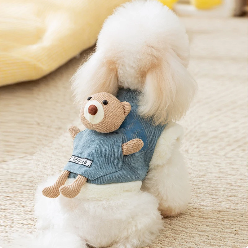 Chaleco vaquero de lana para invierno, abrigo para perros pequeños, muñeco de oso Chihuahua, ropa bonita para Gato, sudadera para cachorros al aire libre de Año Nuevo, monos - imagen 3