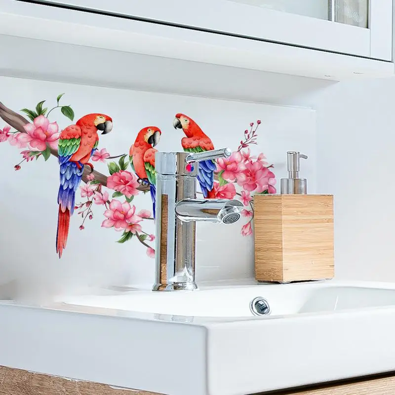 Pegatinas de loro calcomanías de pájaros, murales de arte de pared de flor de melocotón, calcomanías de ventana de pelar y pegar, pegatina de pared de Rama, papel tapiz extraíble - imagen 5