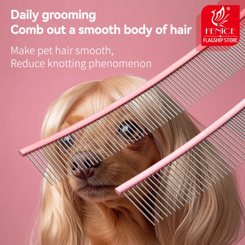 Peine de aseo curvo para mascotas Fenice, cepillo de acero inoxidable en forma de arco con dientes densos y esparsos para perros y gatos, suministros de aseo para mascotas - imagen 5