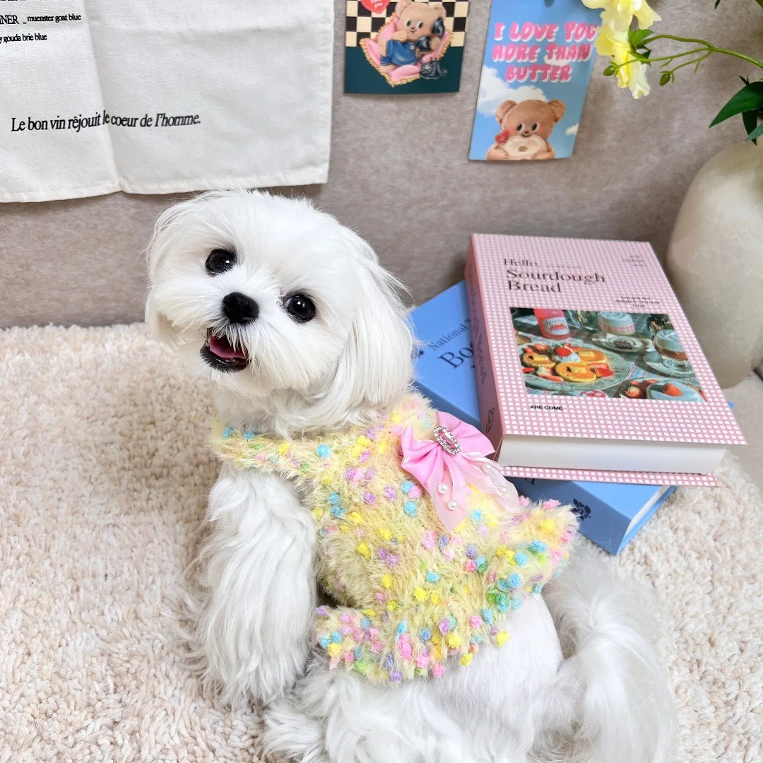 Chaleco tejido de color helado para perros y gatos, vestido con lazo para mascotas de otoño e invierno para perros pequeños (yorkshire/teddy), ropa para cachorros