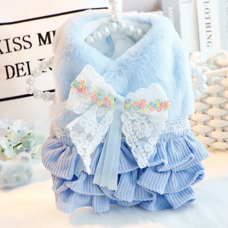 Vestido de princesa para perro de invierno con lazo y adorno de encaje, vestido Formal suave y cálido para perros pequeños, ropa Schnauzer Bichon Chihuahua - imagen 2