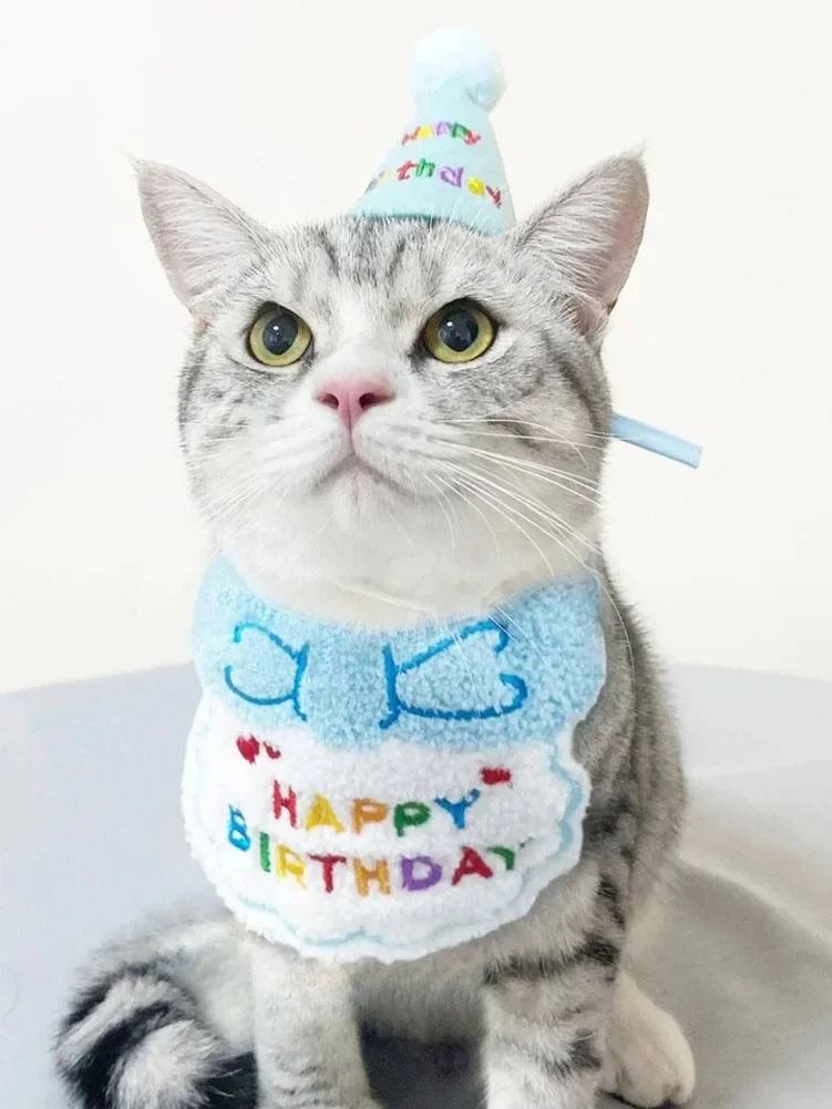 Babero de cumpleaños para perros y gatos, sombrero de fiesta, Mini pañuelo ajustable para perros y gatos, bufanda, traje de cumpleaños para mascotas, suministros para cachorros