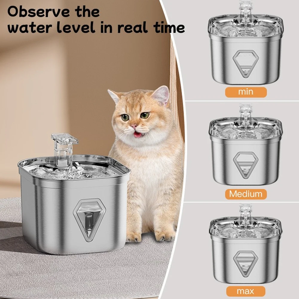 Alimentador de agua para mascotas de acero inoxidable de 2,5l, dispensador automático de fuente de agua para gatos, cuenco para beber con ventana Visual inteligente, accesorios para mascotas - imagen 2
