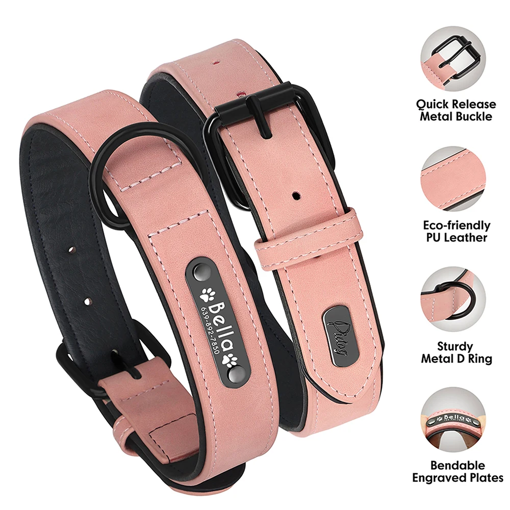 Collar de perro de cuero PU personalizado, collares para perros acolchados suaves con nombre grabado, Collar duradero con pata para perros pequeños, medianos y grandes - imagen 3
