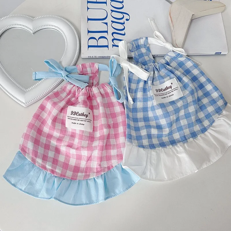 Camiseta sin mangas a cuadros con cordón para mascotas, bonito vestido a cuadros refrescante, Top de encaje con lazo de peluche, vestidos para perros pequeños y cachorros