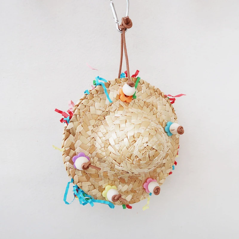 Gorro tejido de paja hecho a mano con forma de loros, juguete para masticar, jaula para pájaros, columpio colgante, juguete para masticar pájaros, perchas de pie para cacatúa Conure - imagen 3