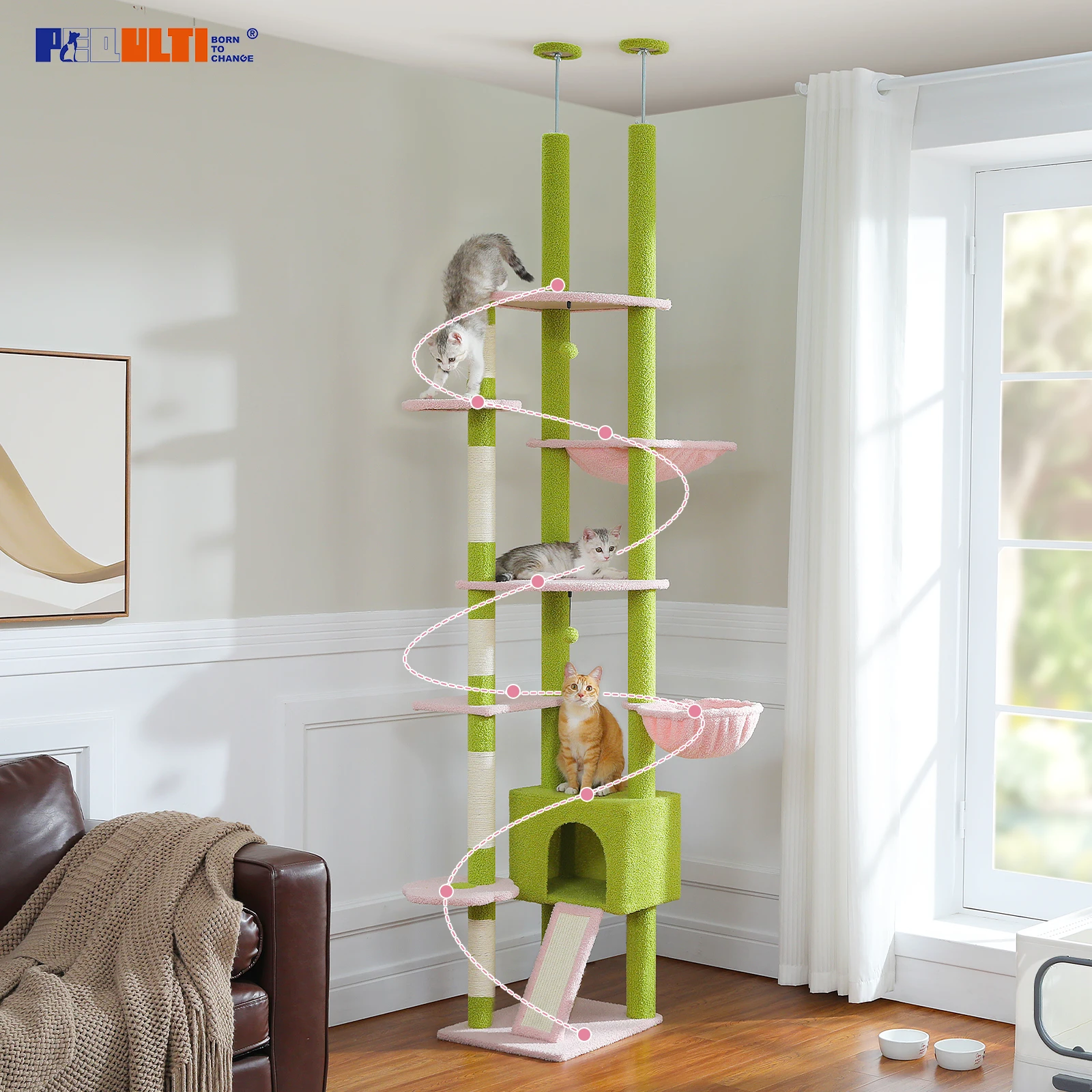 Árbol para gatos alto de altura ajustable para interiores, torre para gatos de piso a techo con condominio acogedor, hamaca grande, poste rascador para gatos, juguetes para gatos - imagen 4