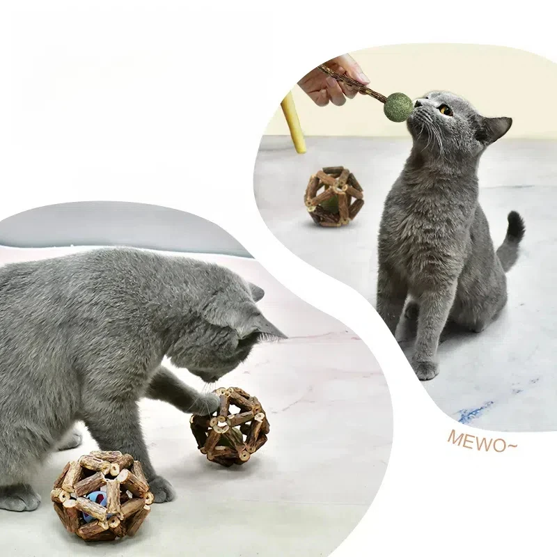 Juguete de bola de hierba gatera de madera Natural, solución para masticar y jugar para gatos - imagen 3