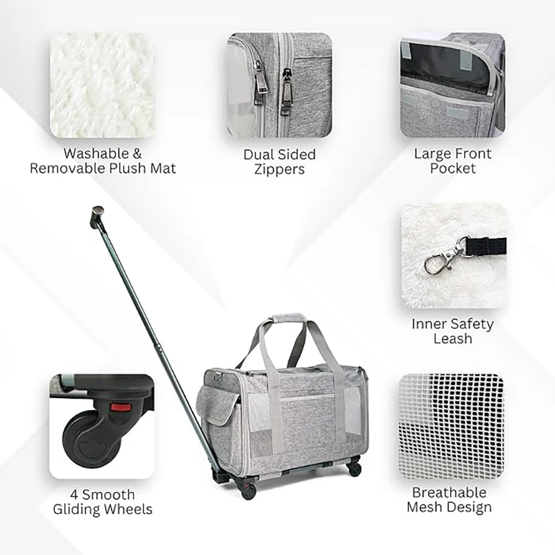 Transportín para mascotas con ruedas para perros de hasta 15 libras y transporte para perros aprobado por aerolínea para gatos, portador rodante para mascotas, cochecito plegable para mascotas - imagen 3