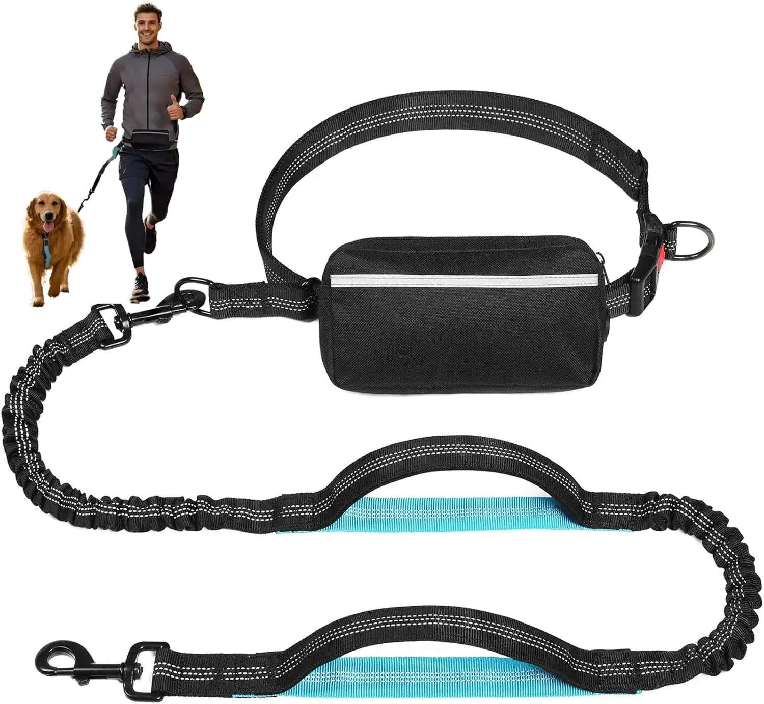 Correa para perro gratis con bolsa con cremallera, asas dobles acolchadas, correa para correr para perros medianos y grandes, correa retráctil para perros con cintura elástica