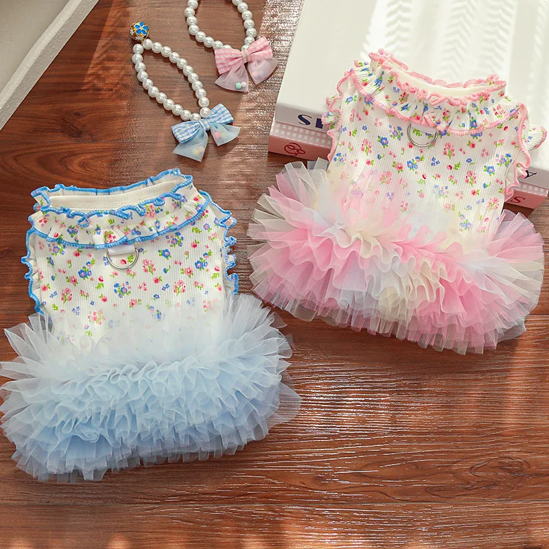 Vestido de malla floral bordes enrollados para gatos y perros pequeños - imagen 3