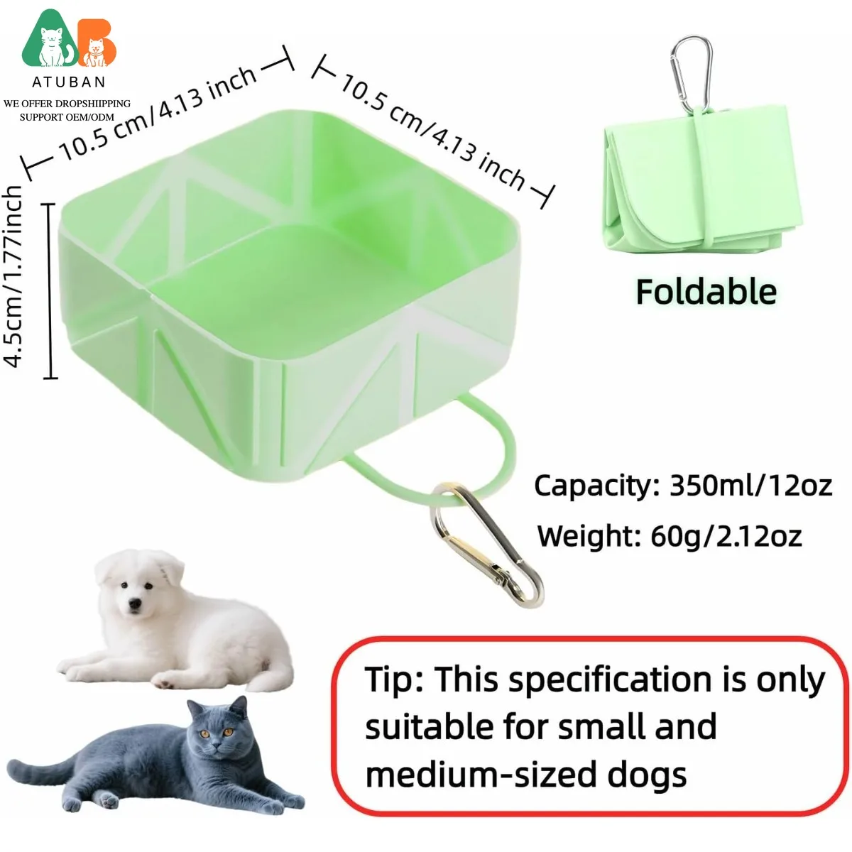 ATUBAN Cuenco plegable de silicona para perros con mosquetón, comida portátil para mascotas de viaje y plato de agua para caminar, acampar, pliegues al tamaño de llave - imagen 2