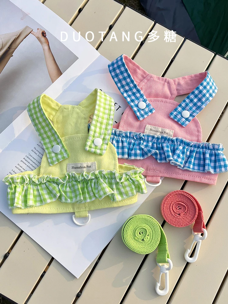 Vestido transpirable para perro, conjunto de arnés y correa para perros pequeños, gatos, cuadros florales, ropa bonita de princesa para cachorros, primavera y verano