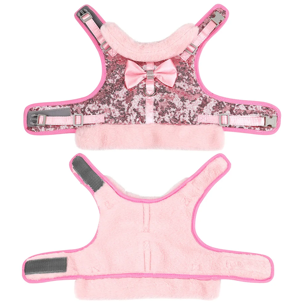 Conjunto de arnés y correa para perros con lentejuelas ostentosas, chaleco de invierno de piel cálida para perros pequeños y medianos, gatos con bonito pajarita rosa - imagen 4