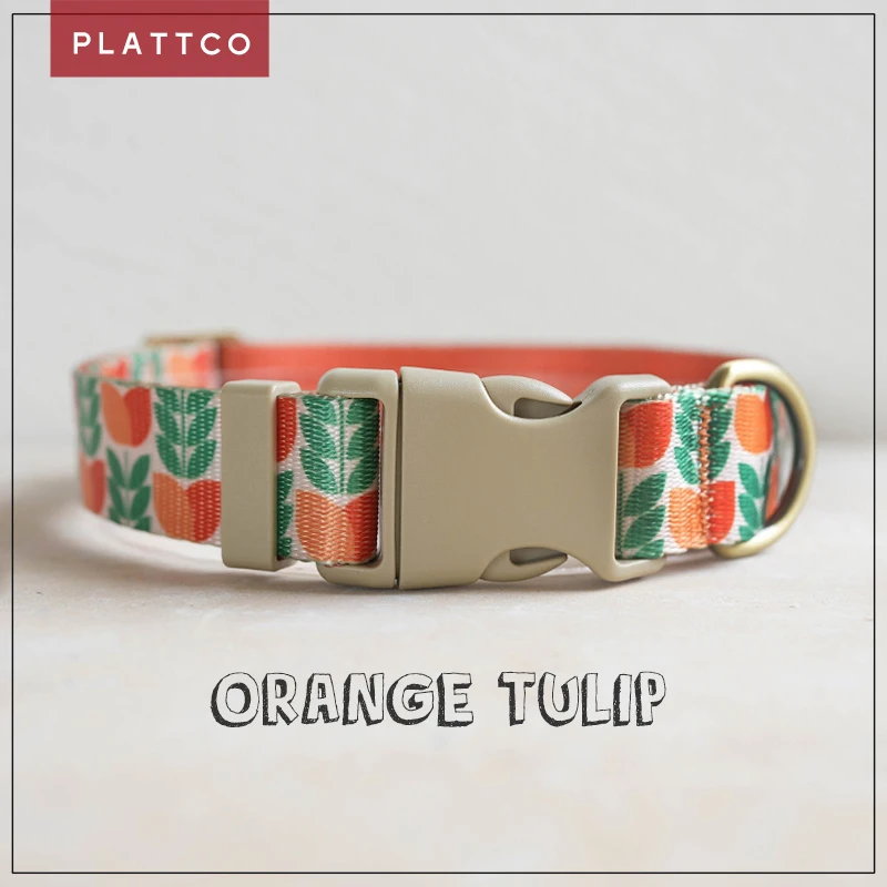 PLATTCO-Collar de poliéster para mascotas, Correa con grabado láser, tulipán naranja, 5 tamaños, suministros para perros, PDC348
