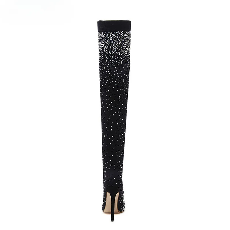 Calcetines sexis de tacón alto por encima de la rodilla, botas con punta puntiaguda, diseño de diamantes de imitación de cristal, tela elástica, zapatos de baile en barra para mujer - imagen 4