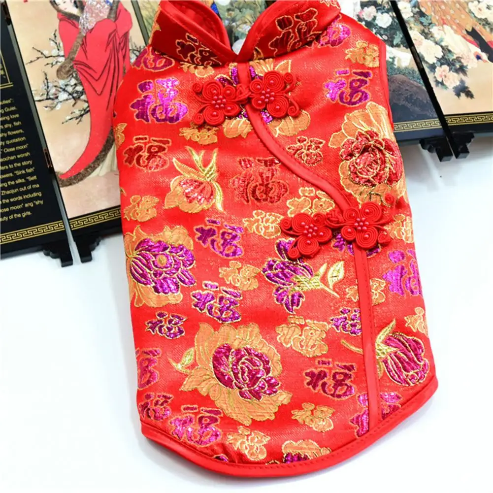 Pet Tang Suit Floral Print Chinese Style Dog Cheongsam Sleeveless Two-legged Coil Buttons Puppy Shirt Breathable Pet Clothes